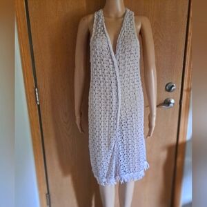 Beige Wallflower Long Crochet Sheerish Open Front Vest w/  Fringe Hem OS